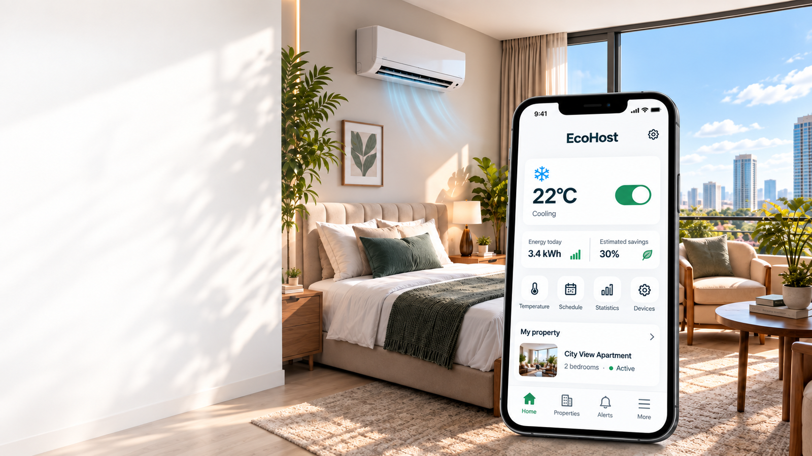 Apartamento moderno con aire acondicionado y EcoHost App en un teléfono