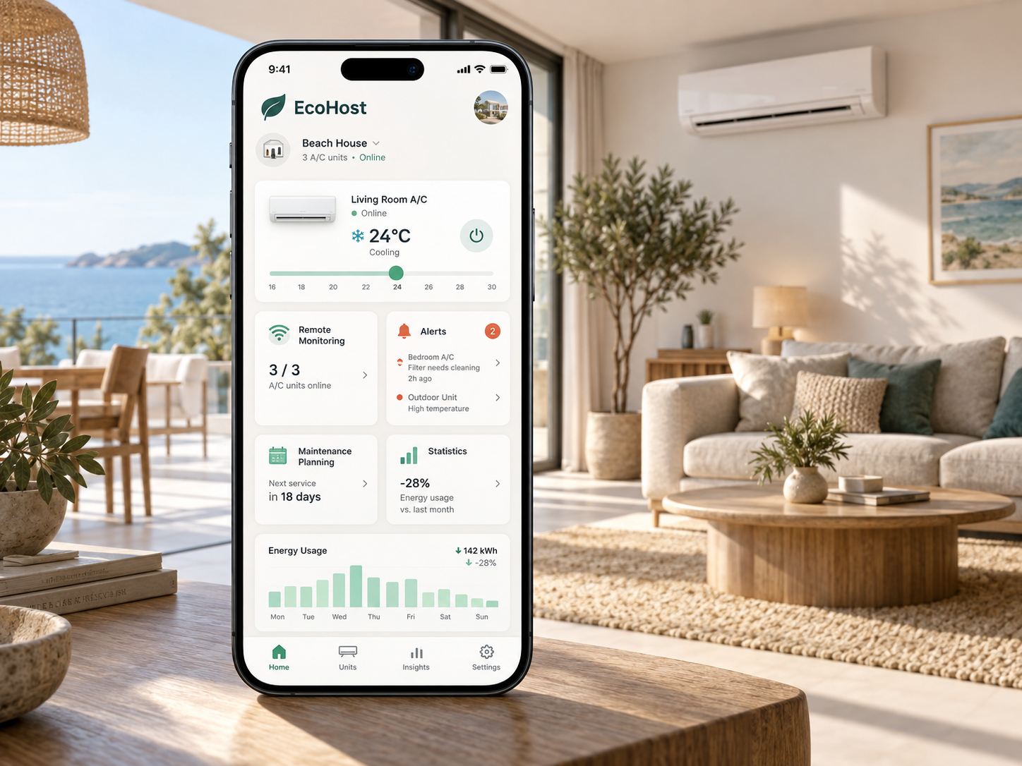 EcoHost App en un teléfono dentro de un apartamento con aire acondicionado