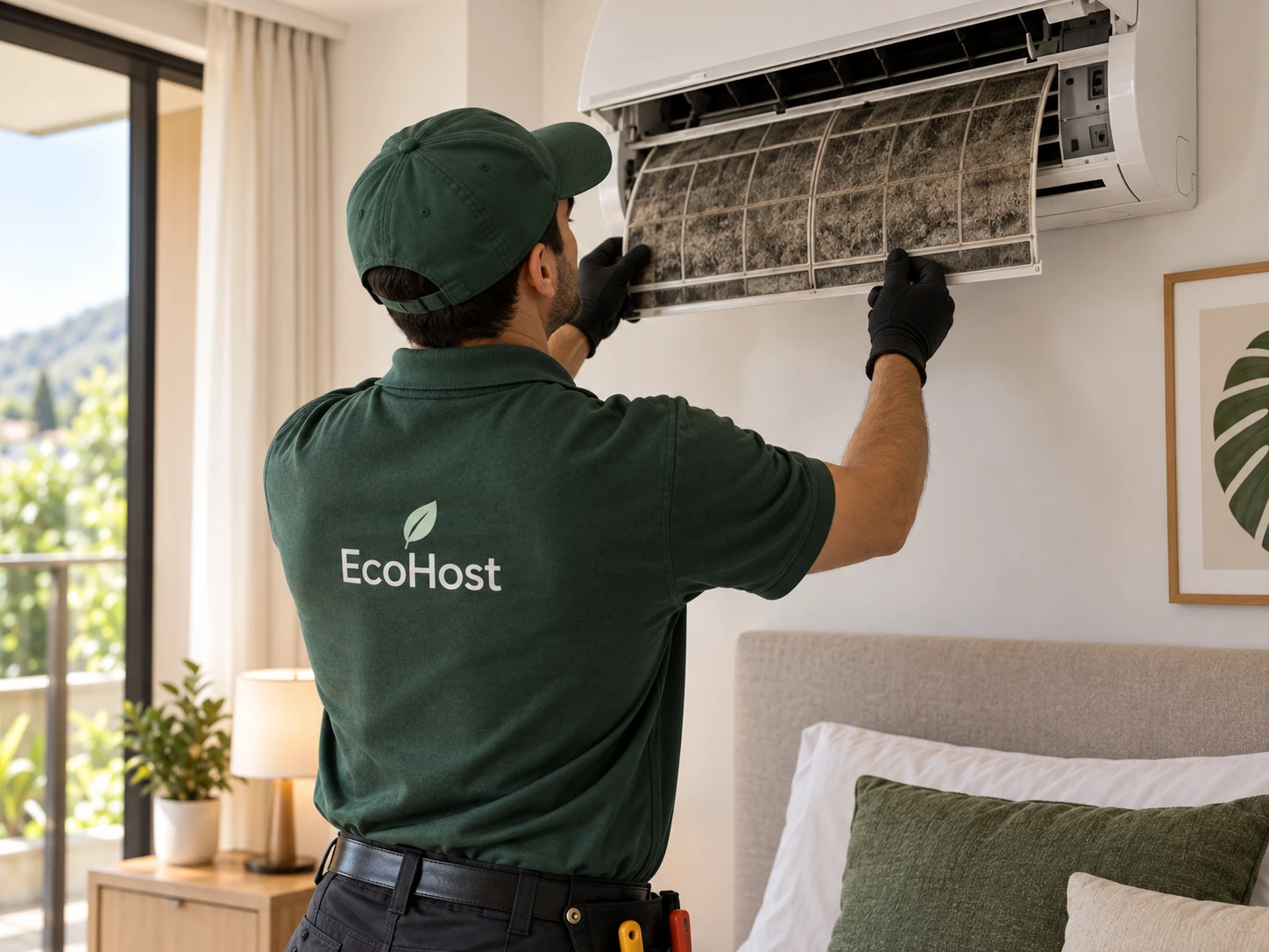 Technician removing a dirty filter from an air-conditioning unit
